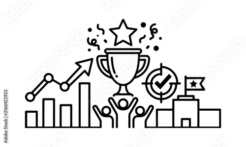 Team success celebration line icon banner with big trophy, star award, cheerful people, growth chart, target check, and confetti