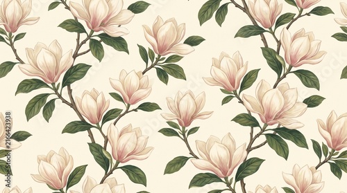 Vintage Magnolia Blossom Floral Pattern Seamless Background.