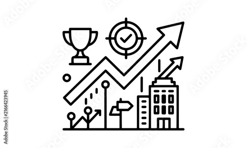 Business growth trend and company success line icon with upward arrow chart, trophy, target check, skyline building, and direction signboard