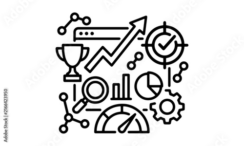 Business success and data analytics line icon with trophy, growth arrow, target check, magnifying glass, gauge, and charts