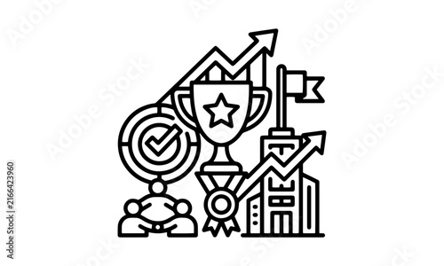 Business achievement and success award line icon with winner trophy, medal, target check, growth arrow, company building, and teamwork