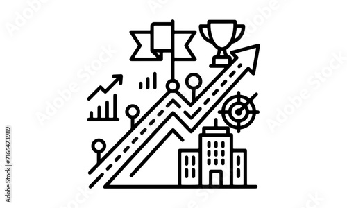 Business growth roadmap line icon with success pathway arrow, milestone flag, winner trophy, target, and company buildings