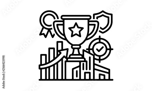Business success award trophy line icon with ribbon badge, growth bar chart, security shield, target check, and corporate buildings