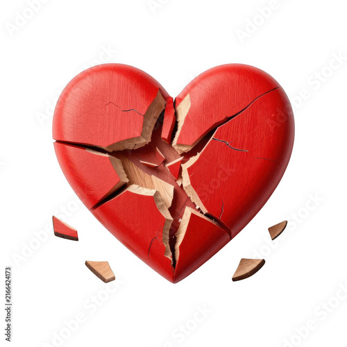Shattered red wooden heart with cracks and small fragments