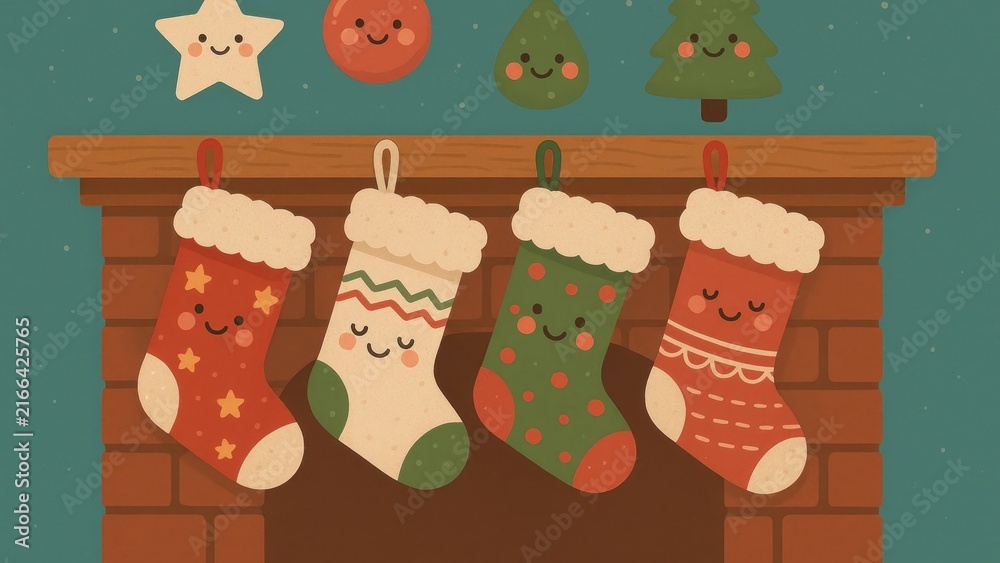 Naklejka premium Cute festive holiday fireplace scene.