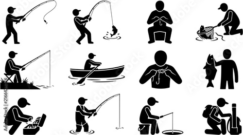 Fishing icon set in a flat black silhouette style including casting, reeling, catching, boating, baiting, fly fishing and ice fishing activities.