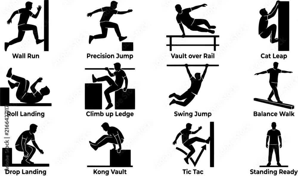 Fototapeta premium Parkour movement icon set in a flat black silhouette style including wall run, precision jump, vault, cat leap, roll, climb, swing, balance and landing.