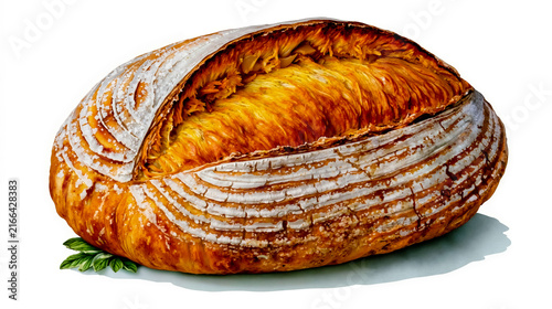 A large round golden-brown loaf of bread with a crusty exterior and a soft fluffy interior cut open to reveal its texture