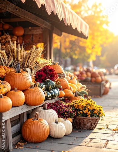 Vibrant Autumn Farmers Market Display with Pumpkins and Fall Flowers