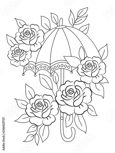 Vintage Umbrella with Rose Flowers Line Art Floral Coloring Page Vector