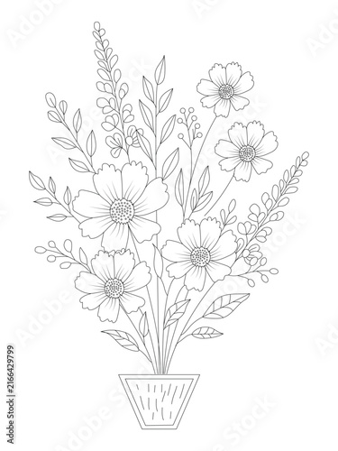 Wildflower Bouquet in Pot Vase Line Art Floral Coloring Page Vector