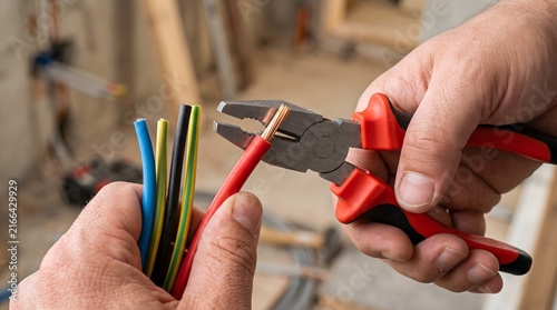 Professional electrician hands using pliers to strip insulation from a copper wire in a house construction site for home improvement and electrical safety concept.
