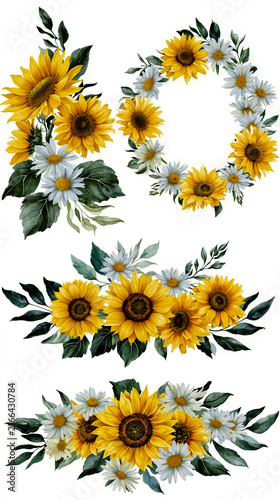 A digital illustration of a wreath made of sunflowers and daisies with a circular arrangement of flowers and leaves