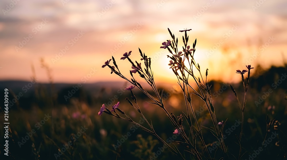 Fototapeta premium Beautiful wild pink flowers blooming in a grassy meadow during a golden sunset