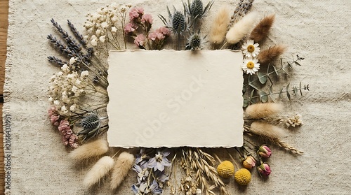 Blank paper card surrounded by dried flowers and natural grass composition