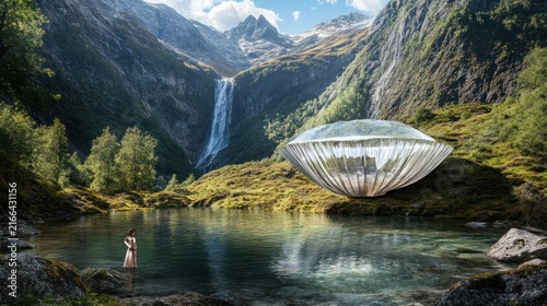Serene Mountain Lake with Futuristic Structure