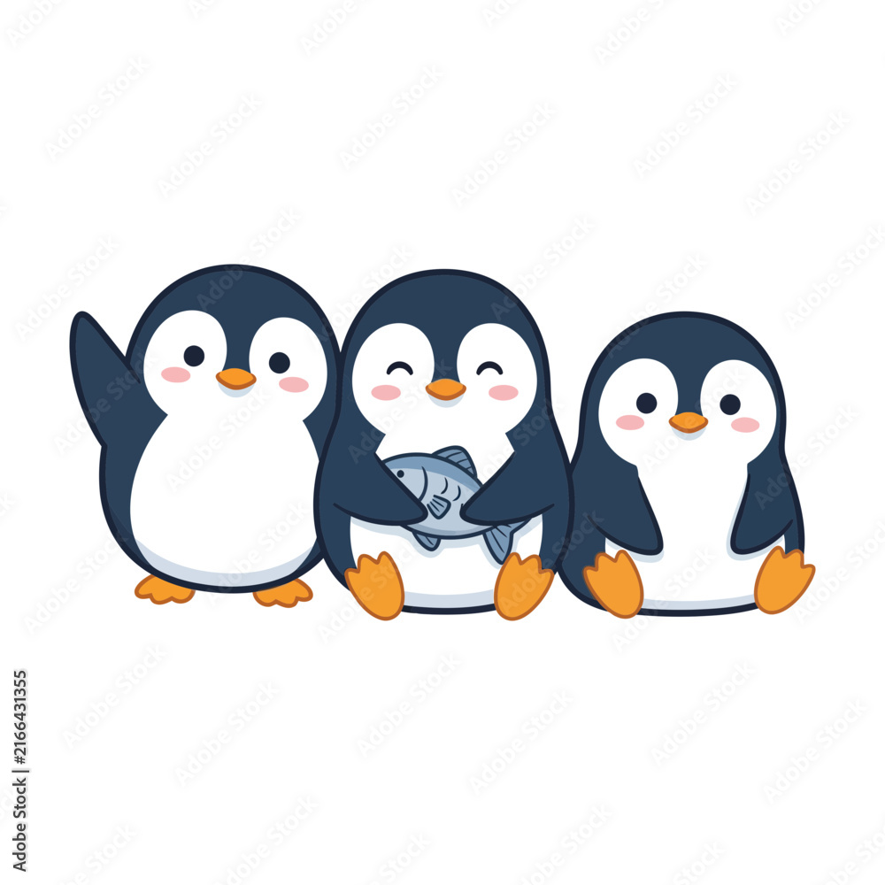 Fototapeta premium Adorable cartoon penguins with one waving and another holding a fish, concept for cheerful arctic wildlife illustration, ideal for children book design and nursery stickers