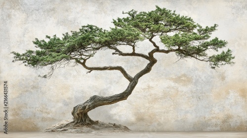 Serene bonsai tree, textured background, peaceful garden, meditation, home decor