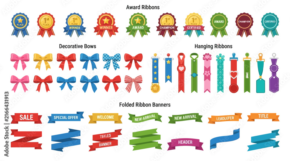 Fototapeta premium Flat vector ribbon collection featuring diverse award badges decorative bows hanging labels and folded banner design elements
