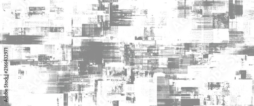 Abstract grey and white newspaper texture with overlapping blocks and text fragments. Distorted information overlay