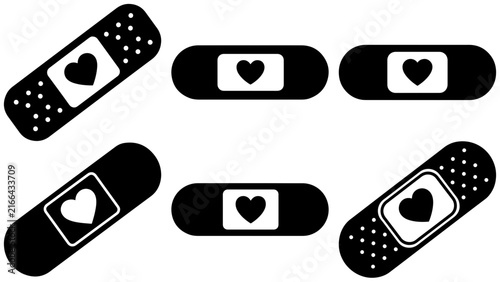 Black adhesive bandage icons with heart symbol for injury care, wound protection, medical support, and health recovery design