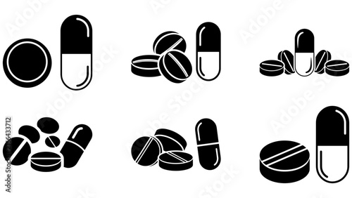 Pill icon illustrations showing various tablets and capsules for illness, medication, and pharmaceutical treatment on transparent background