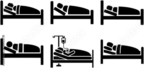 Hospital bed icons showing sick patients resting with intravenous drip and medical care symbols in dark silhouette