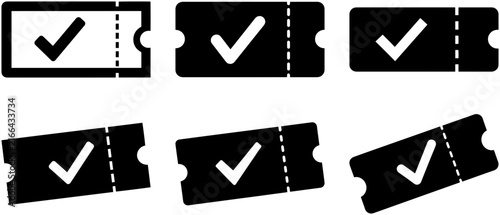 Editable concert or event tickets with check marks isolated on transparent background, vector illustration for admission, booking, and travel planning
