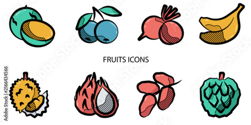 Set of 08 outline Fruits Element icons. Fruits Line icons set. Vector illustration.