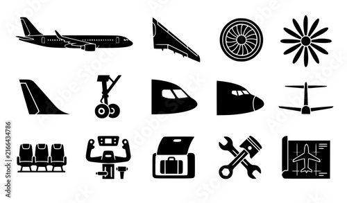 Aviation and commercial airplane technical parts silhouette icon set featuring aircraft wing jet engine turbine landing gear cockpit nose tail fin seats steering wheel and maintenance engineering blue