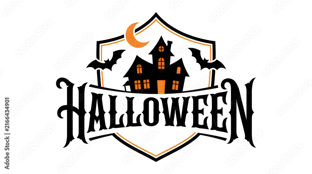 Obraz premium Halloween holiday emblem featuring a haunted house silhouette with bats and a crescent moon on shield