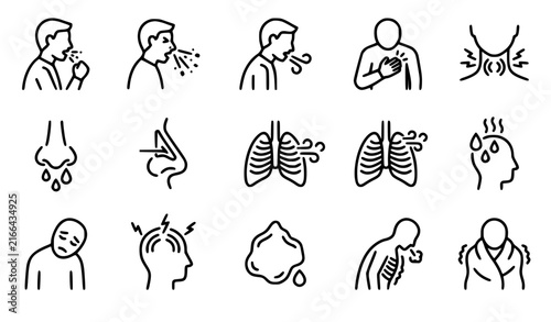 Flu and respiratory illness line icon set featuring coughing sneezing lung pain headache fever sore throat runny nose fatigue and breathing difficulty medical symptoms.
