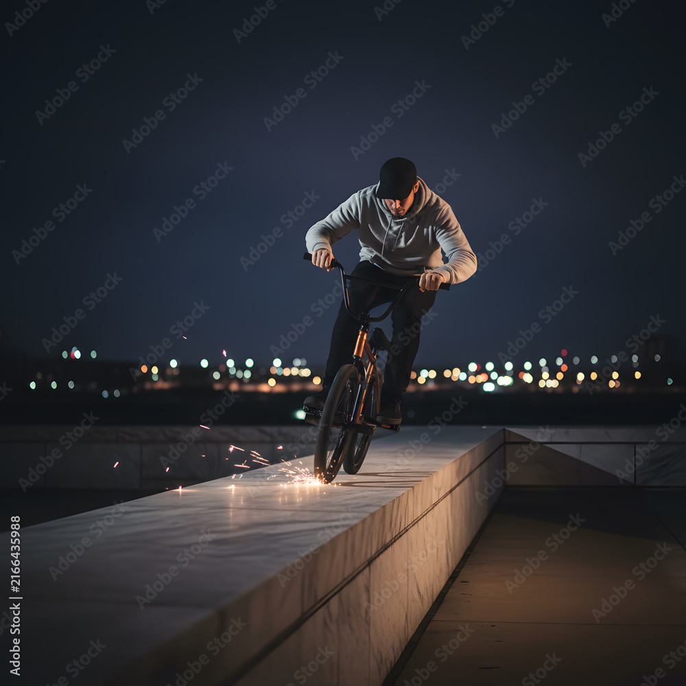 Fototapeta premium Cinematic BMX Night Grind Spark Show