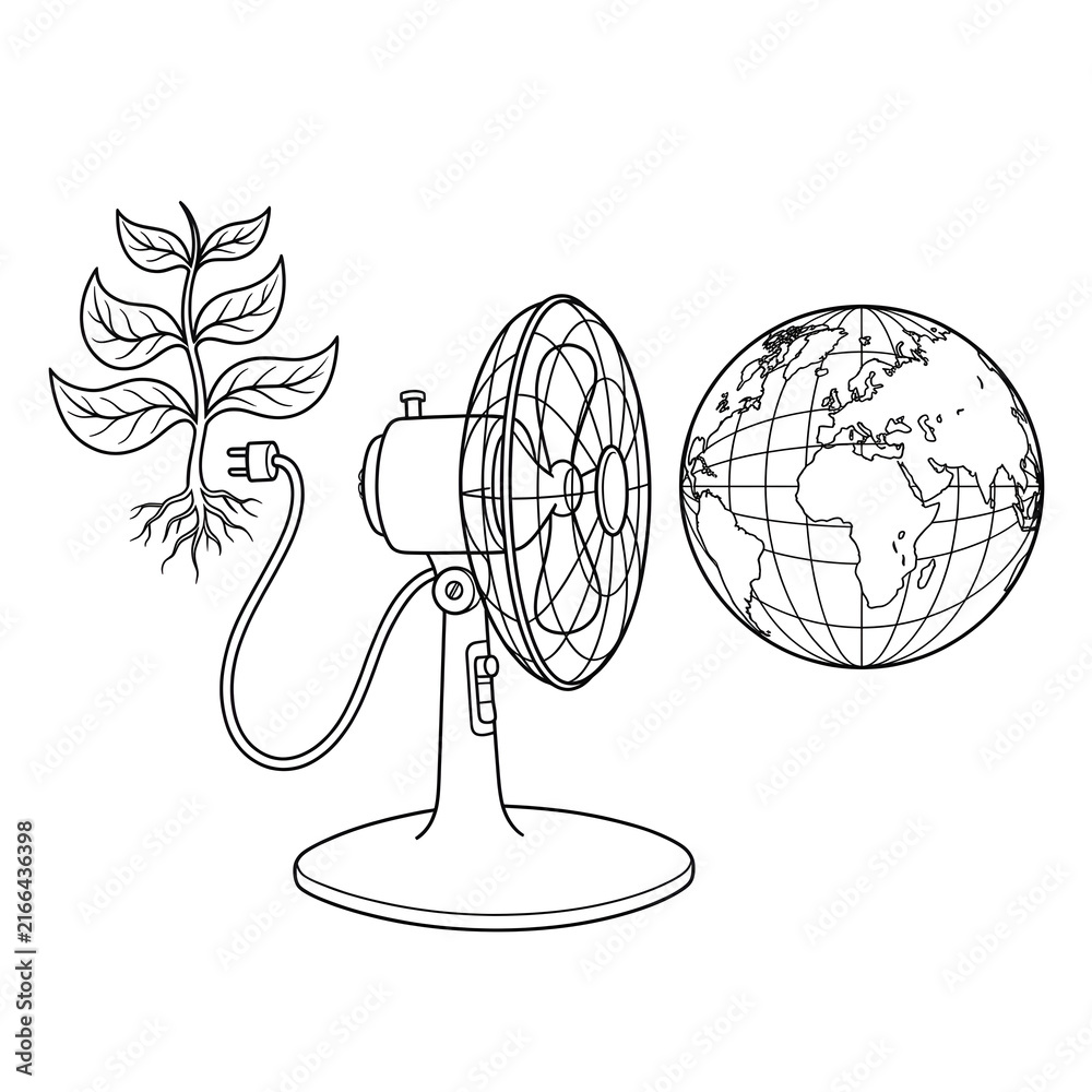 Obraz premium Conceptual line art illustration of an electric fan plugged directly into a growing plant root, blowing air toward planet earth, representing green energy, climate change, and eco-friendly cooling con