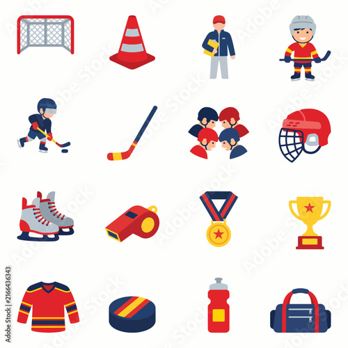 Junior Ice Hockey Team Coach and Equipment Flat Vector Icons