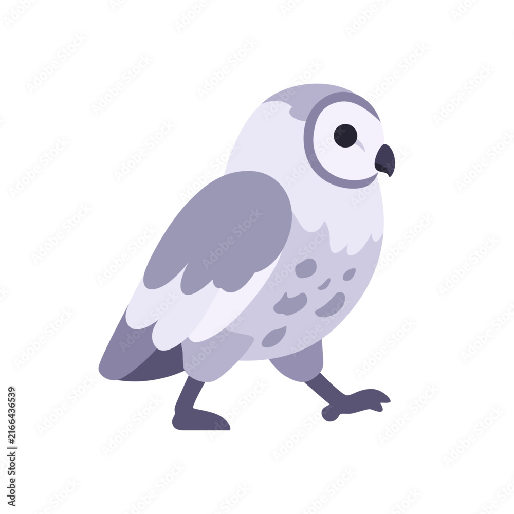 Fototapeta premium Snowy owl icon with round head and speckled wings, flat illustration