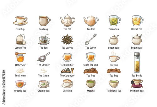 Collection of tea related items in a colorful vector illustration style