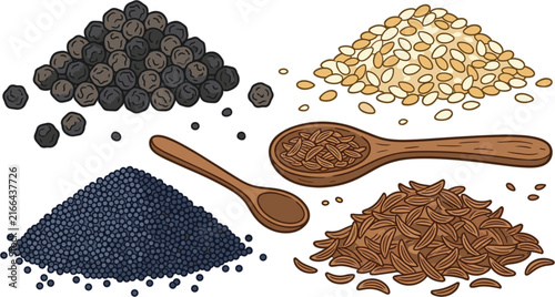 Bild auf Leinwand Culinary Cooking Spice and Seed Vector Icon Set with Black Peppercorn Sesame Cum