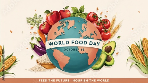 World food day illustration with colorful fruits, vegetables, and globe