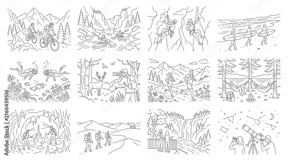 Obraz premium Collection of Line Art Illustrations Depicting Outdoor Activities and Nature Scenes.