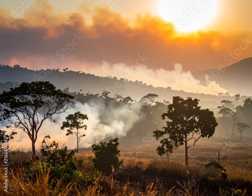 Thick Smoke From Forest Fire Over Dry Tropical Landscape