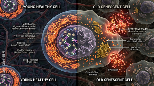 Comparison of young healthy cell versus old senescent cell with senescence, cellular