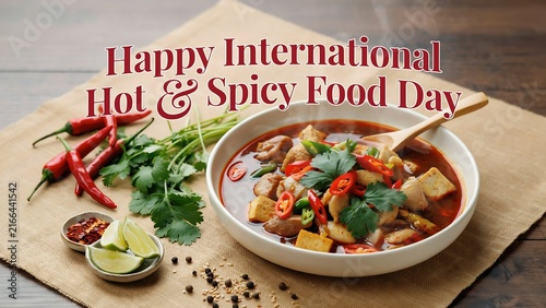 Spicy hot food dish with chili peppers on wooden table for international hot and spicy food day