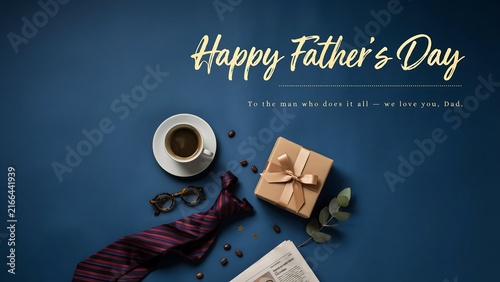 Happy father's day greeting with coffee cup and gift box