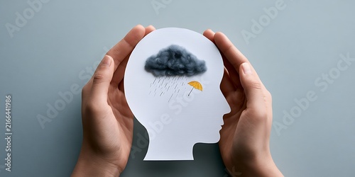 Heavy storm cloud inside paper head profile, emotional depression and therapy support concept, world mental health day