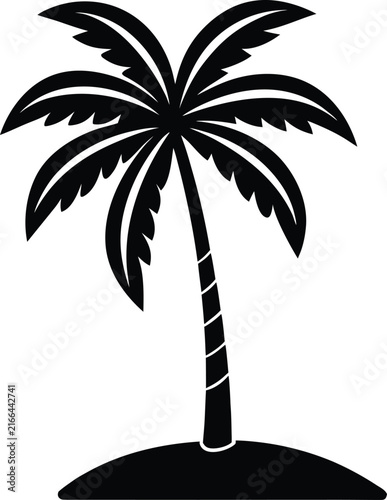Isolated Coconut Palm Tree Vector, Black Silhouette of Tropical Tree, Palm Icon, Flat Design Element, Summer Resort Logo Symbol, Vegan Plant Illustration, White Background