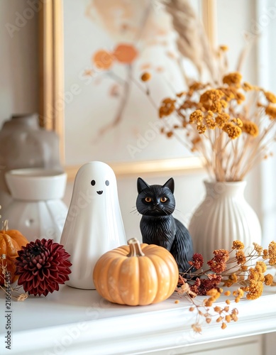 Charming Halloween Decorations Featuring a Black Cat and Ghost Figurine
