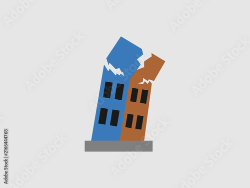 Two cracked city buildings leaning sideways and collapsing during a severe earthquake disaster