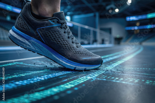 Running shoe with blue details placed on dark textured indoor track surface with motion blur lines illustrating high performance athletic footwear innovation.