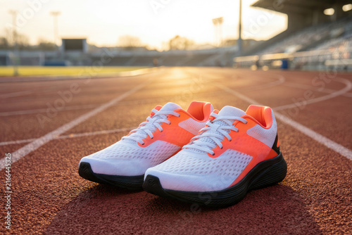 White running shoes with orange accents sit on red athletic track at sunset for fitness jogging track and field marathon training and healthy lifestyle promotion.